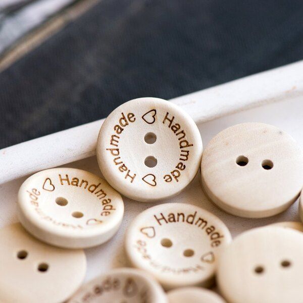 бусина-пуговица "handmade", дерево, цвет натуральный, 20х3.5 мм