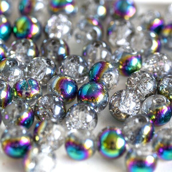 бусина, стекло "кракле", цвет прозрачный/бензиновый, 8 мм