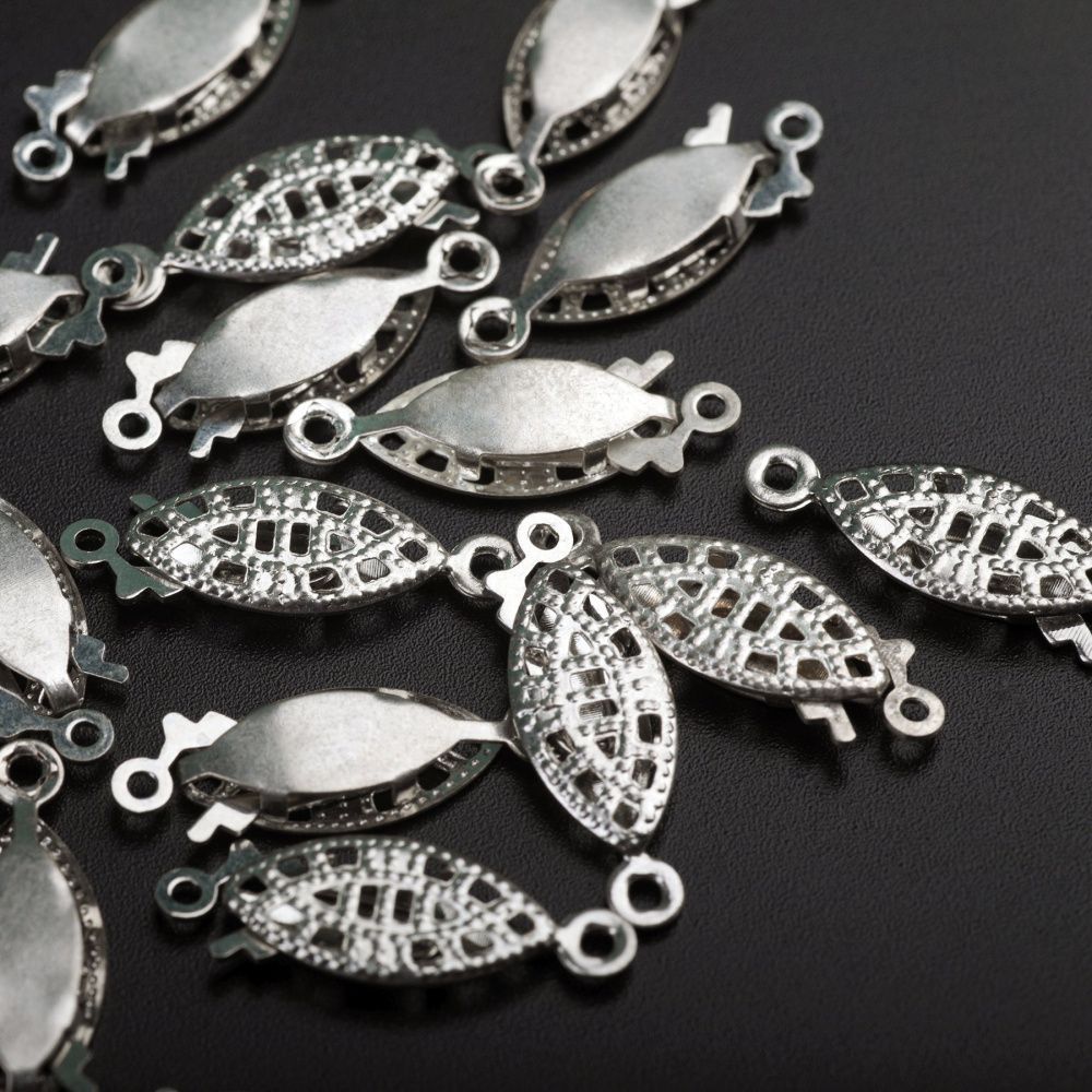 замочек-рыбка для жемчуга, цвет платина, 7x20x2.8 мм