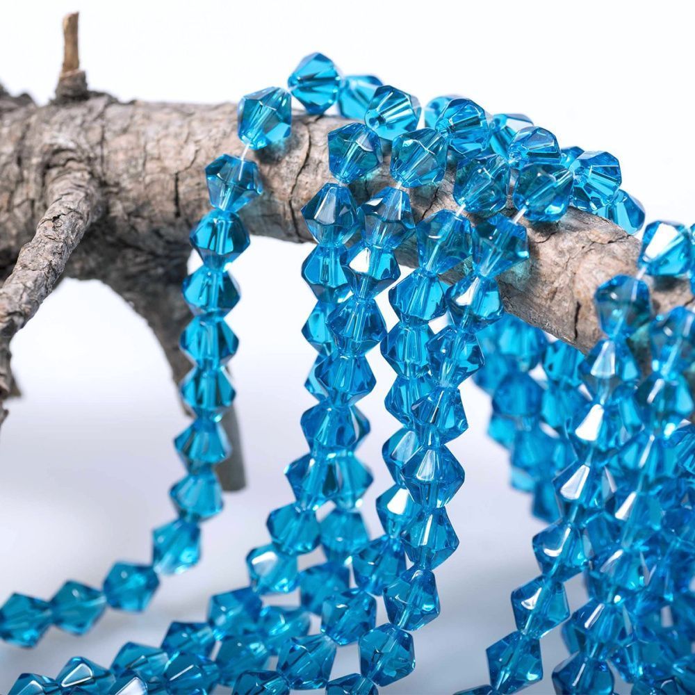 бусина, стекло биконус 8, цвет яркий голубой, 8 мм