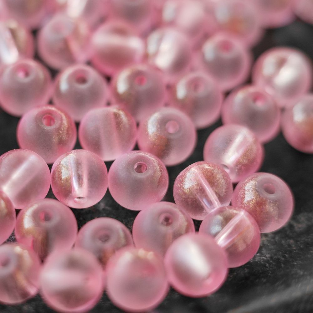 бусина, стекло матовая/золотая пудра, цвет розовый, 8 мм