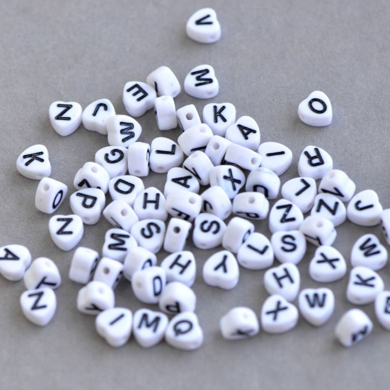 бусина, акрил "алфавит английский", сердечко, цвет белый, 7x7x4 мм