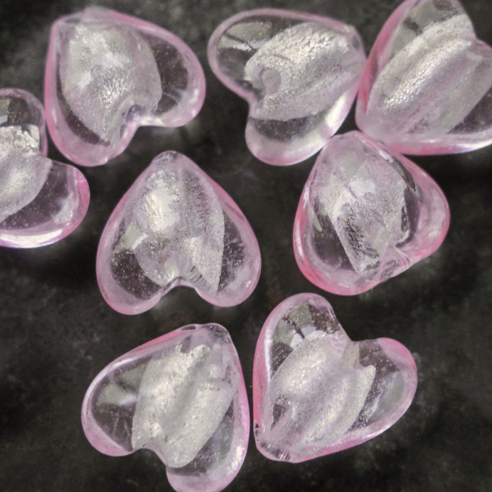 бусина, стекло с фольгой, "сердечко", цвет розовый, 12х12х8 мм