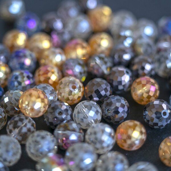 бусина, стекло, "чесс", граненая, радужный микс, 12 мм