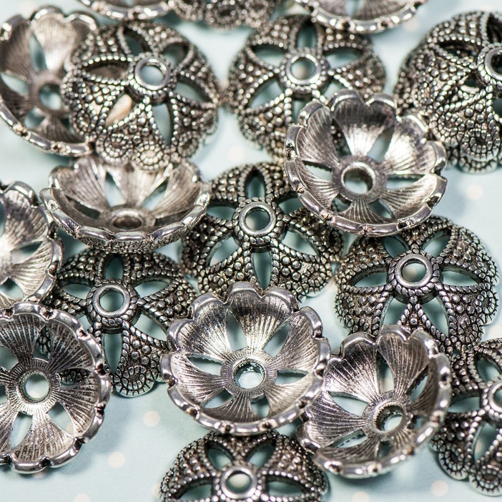 шапочка для бусин "миндаль", цвет античное серебро, 20х7 мм