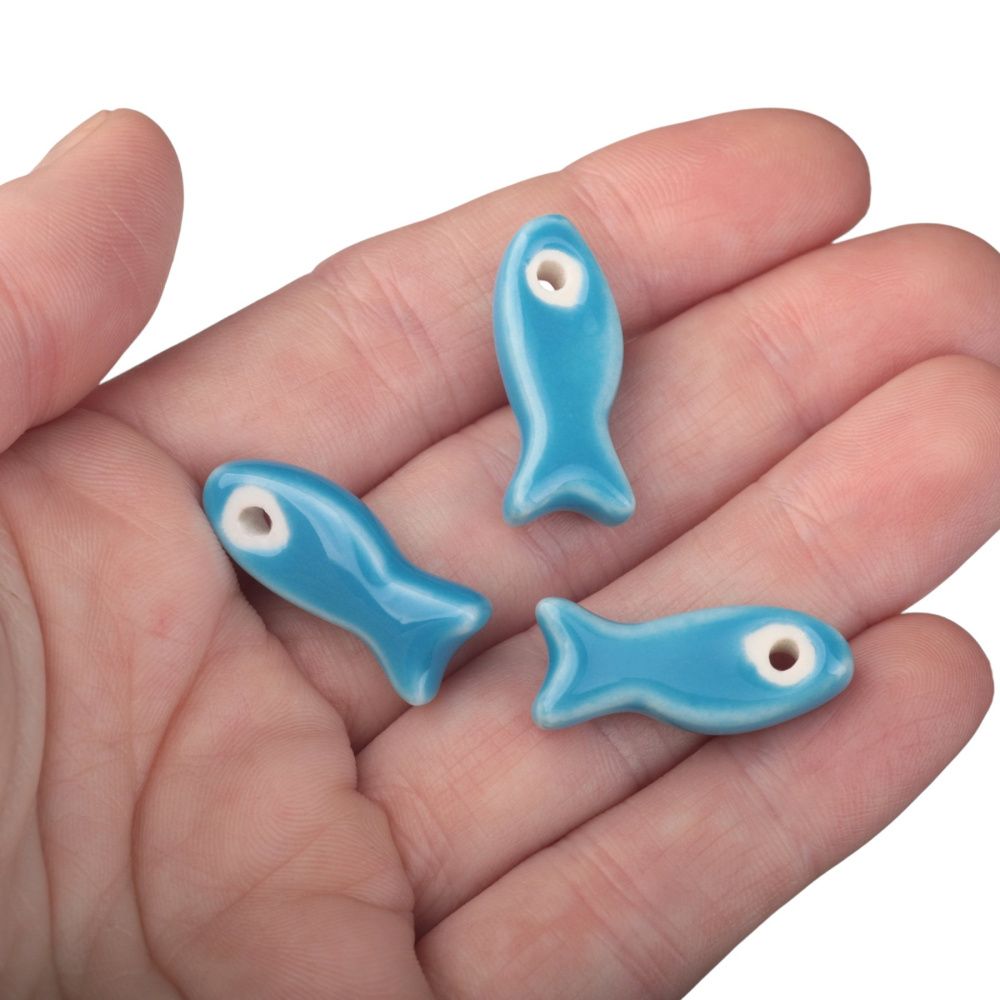 бусина, керамика "рыба", цвет голубой, 24-25x10x6 мм