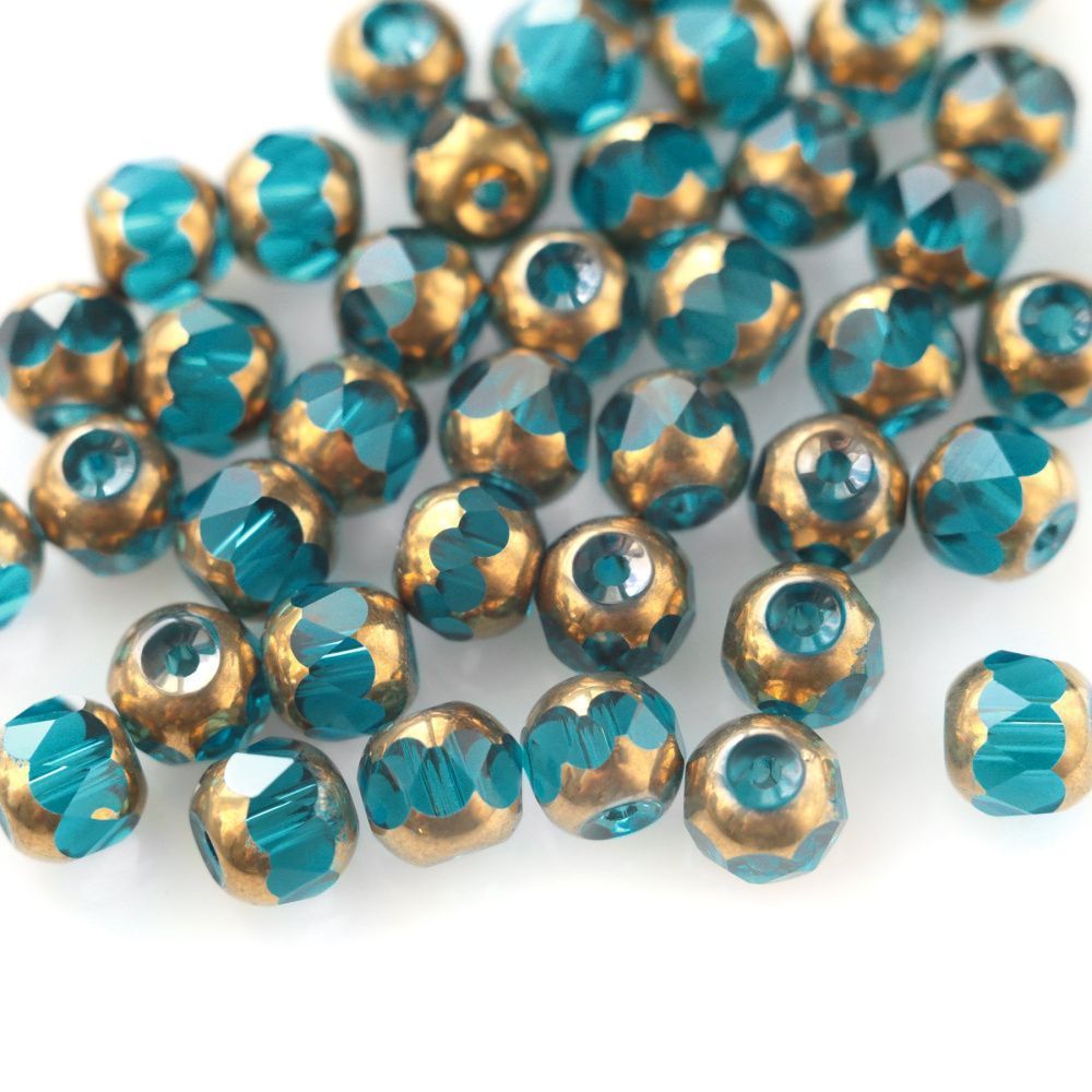 бусина, стекло, граненая, цвет бирюзовый/золото, 8 мм