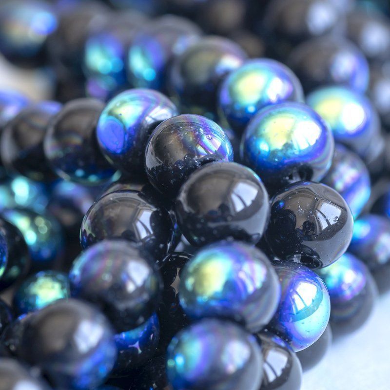 бусина, стекло 8, цвет черный радужный, 8 мм