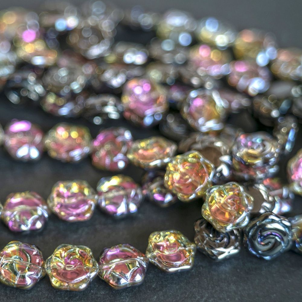 бусина "роза", стекло, цвет сиреневый радужный, 15.5x14.5x6 мм