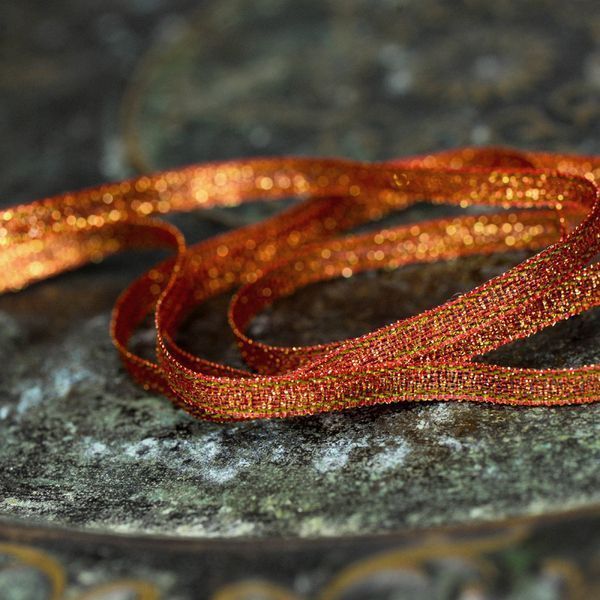 лента парчовая, цвет красно-золотой металлик, ширина 5 мм