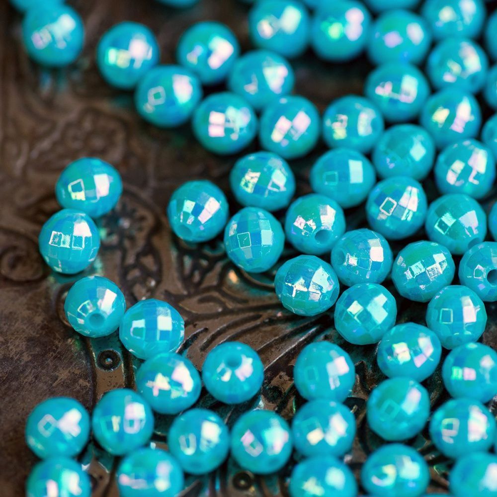 бусина, акрил 6, граненая, цвет бирюзовый бензиновый, 6 мм