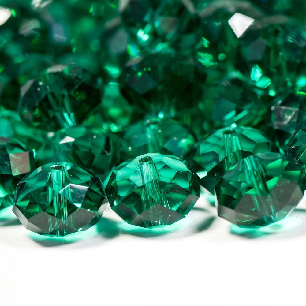 бусина, стекло абакус 14, граненая, цвет изумрудный, 14х10 мм