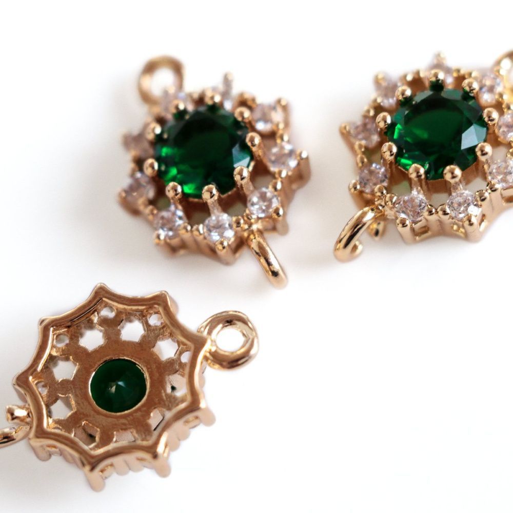 коннектор "блум" со стразами, золото/зеленый, 16x11x5 мм