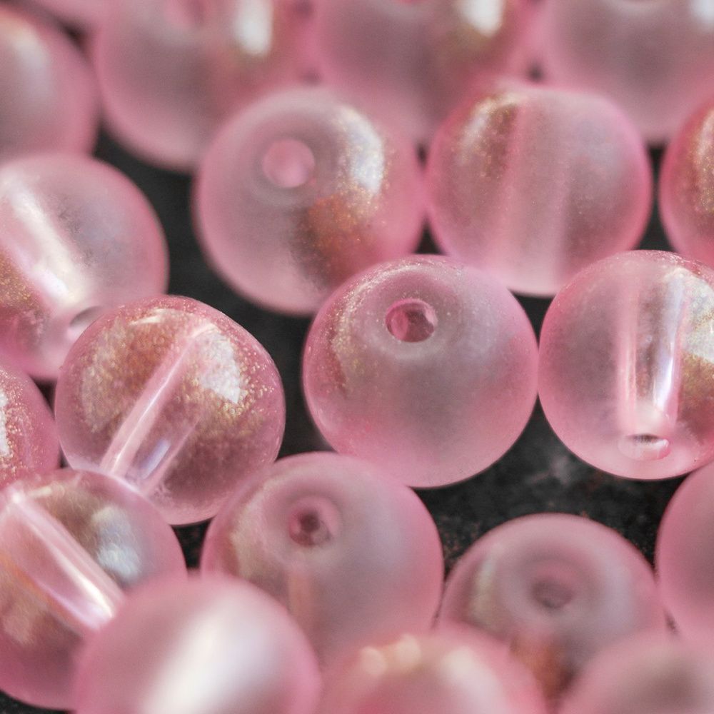 бусина, стекло матовая/золотая пудра, цвет розовый, 8 мм