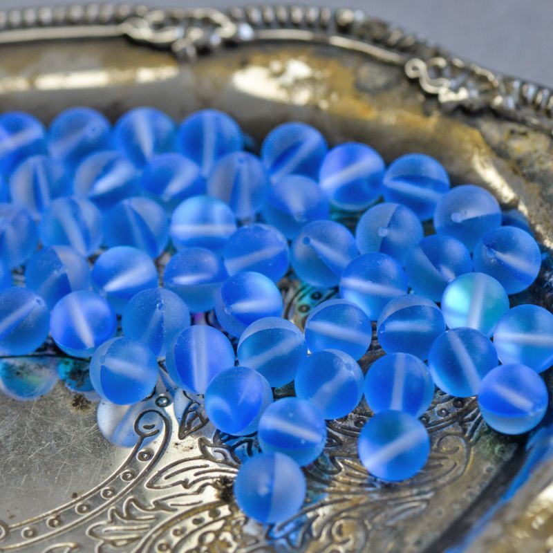 бусина, стекло "лунный камень", цвет синий, 10 мм