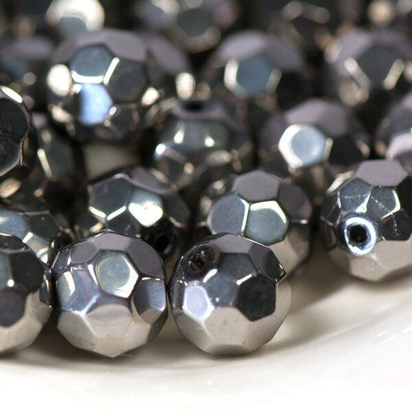 бусина, стекло 12, граненая, цвет хром, 12 мм