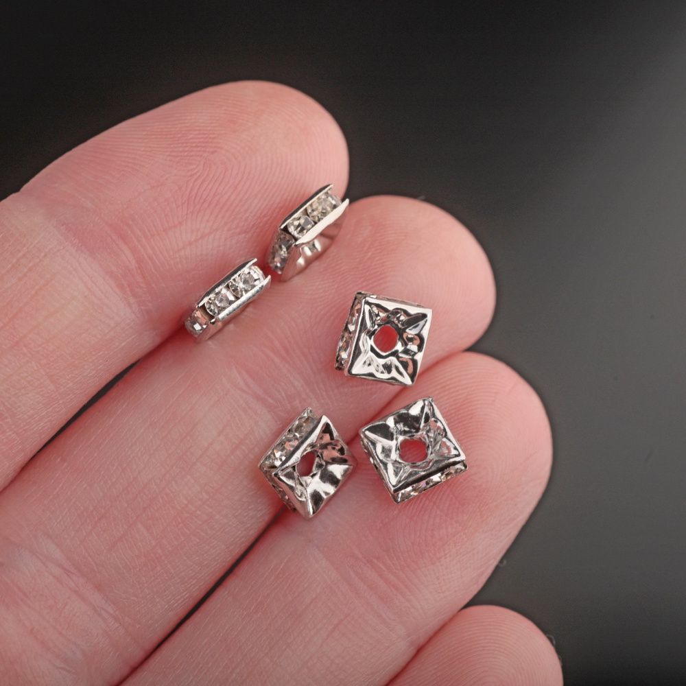 разделитель со стразами, квадрат, цвет платина/cristal, 6х6х3 мм