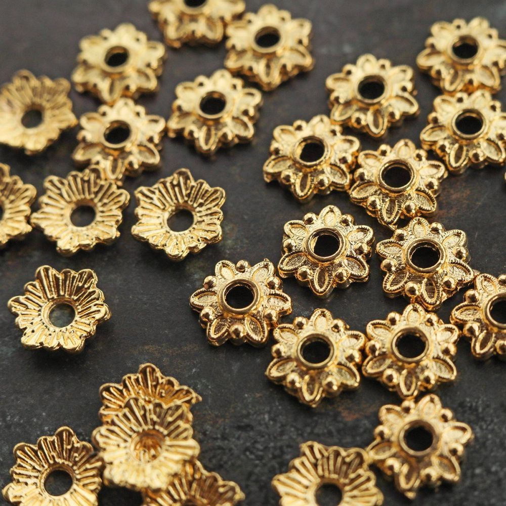 шапочка для бусин "лён", цвет золото, 7x7x2 мм