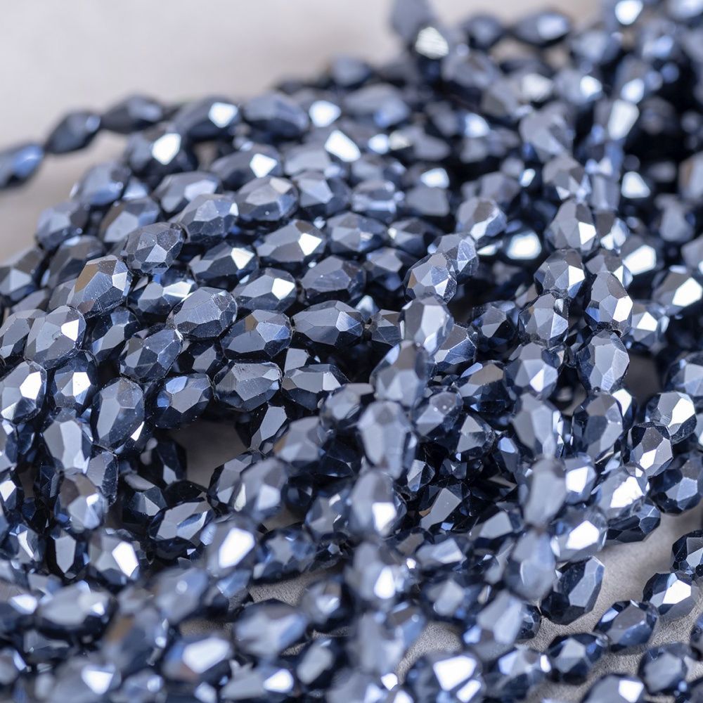 бусина "капля", граненая, стекло, цвет черный радужный, 6х4 мм