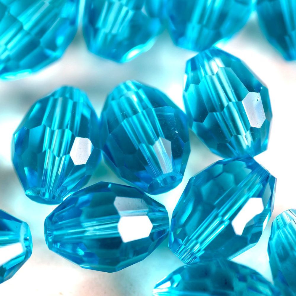 бусина, стекло "боб", овальная, граненая, цвет бирюзовый, 10х13 мм