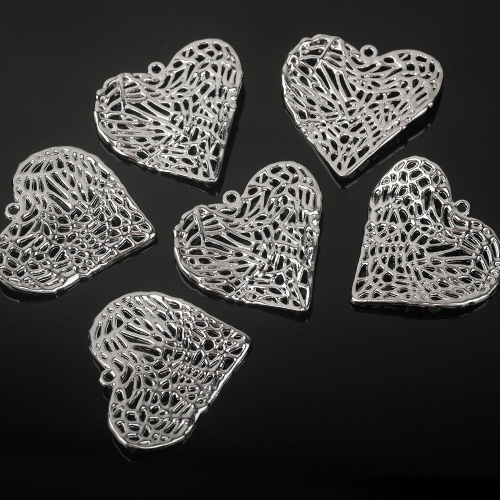 подвеска металл "сердце-сеть", цвет платина, 27x28.5x3 мм
