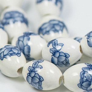 Бусина, керамика "Сакура", овальная, цвет стальной синий, 16х11 мм