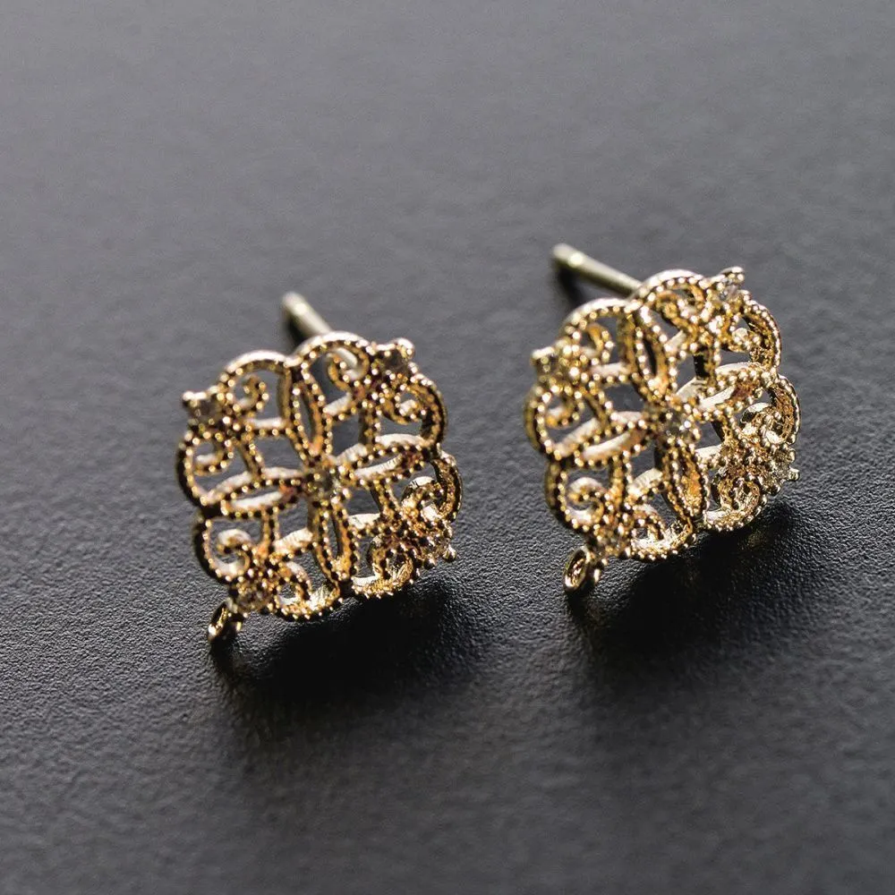 пуссеты "виньет", с цирконием, позолоченные, 13x12 мм 