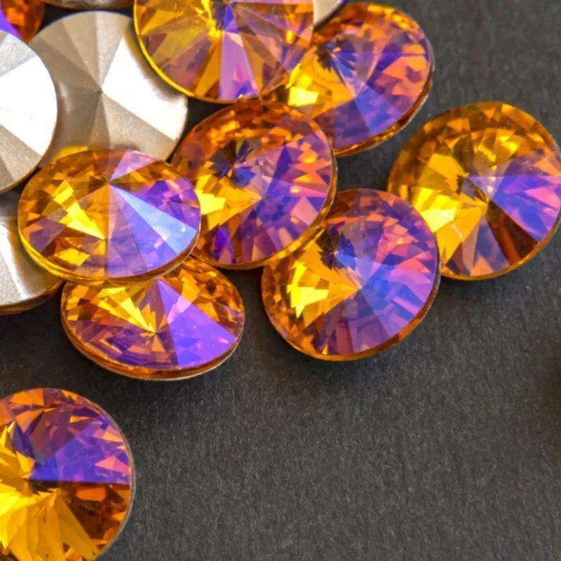 кабошон стекло риволи, цвет желтый радужный ав, 14х7 мм