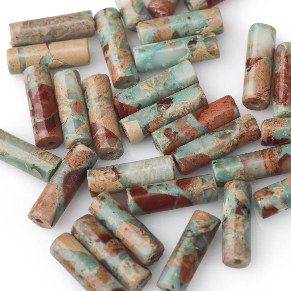 бусина им.океанической яшмы, колонна, цвет сине-зеленый/коричневый, 13-14x4.5 мм (стренд 6 шт.)