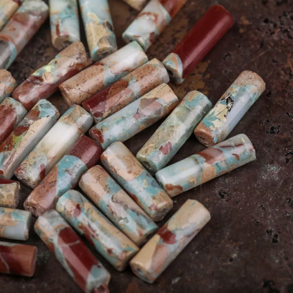 бусина им.океанической яшмы, колонна, цвет сине-зеленый/коричневый, 13-14x4.5 мм (стренд 6 шт.)