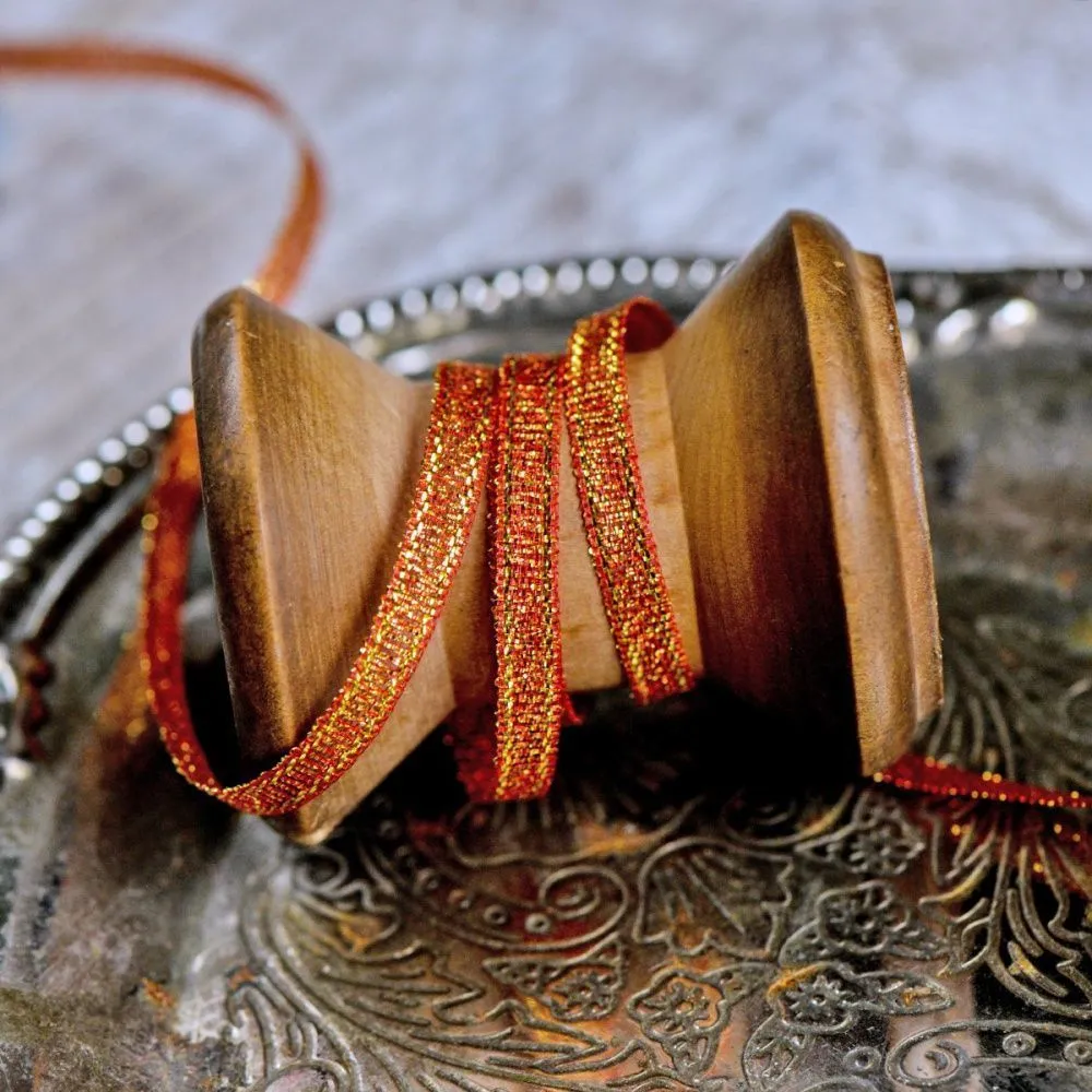 лента парчовая, цвет красно-золотой металлик, ширина 5 мм