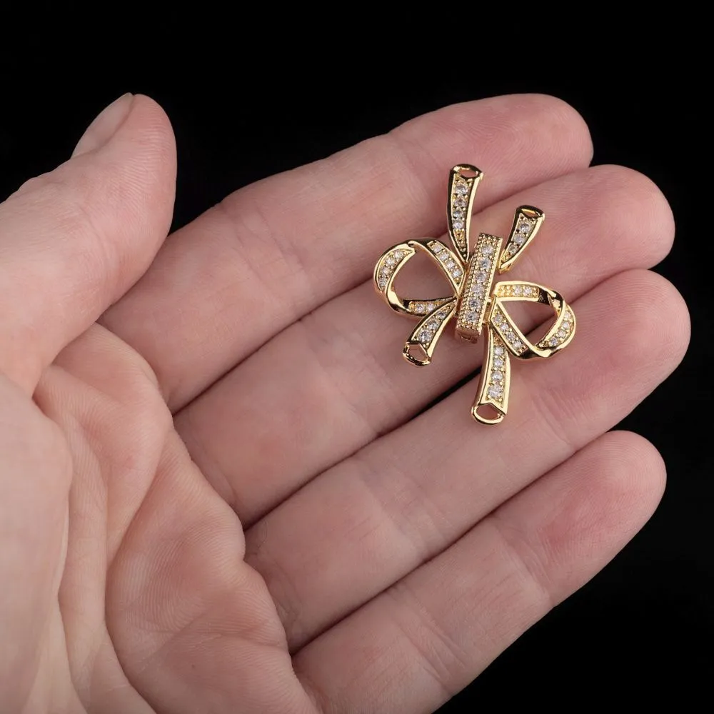 замок для украшений "бант", позолота/циркон, 27x25x5 мм