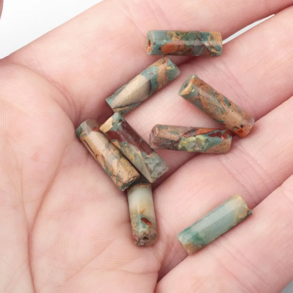 бусина им.океанической яшмы, колонна, цвет сине-зеленый/коричневый, 13-14x4.5 мм (стренд 6 шт.)
