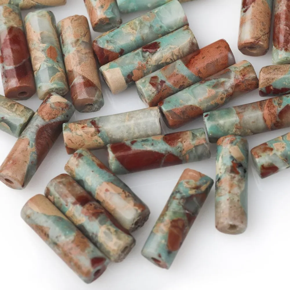 бусина им.океанической яшмы, колонна, цвет сине-зеленый/коричневый, 13-14x4.5 мм (стренд 6 шт.)