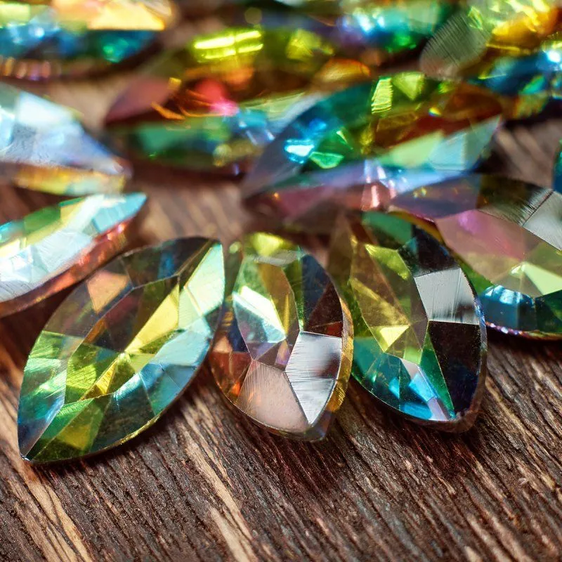 кабошон стекло кристалл, navette, цвет rainbow, 18х9 мм