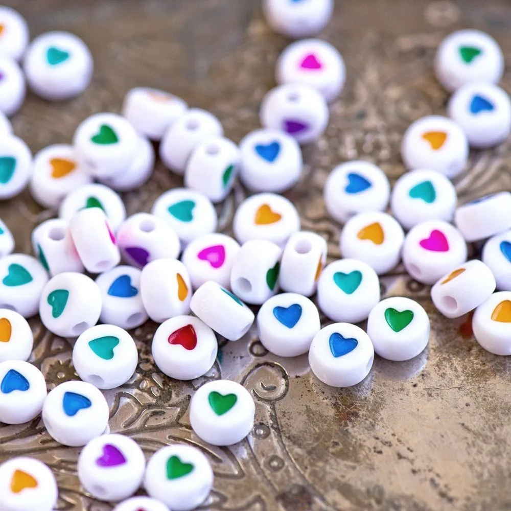 бусина, акрил "сердечки", плоская, цветовой микс, 7x7x3.5 мм