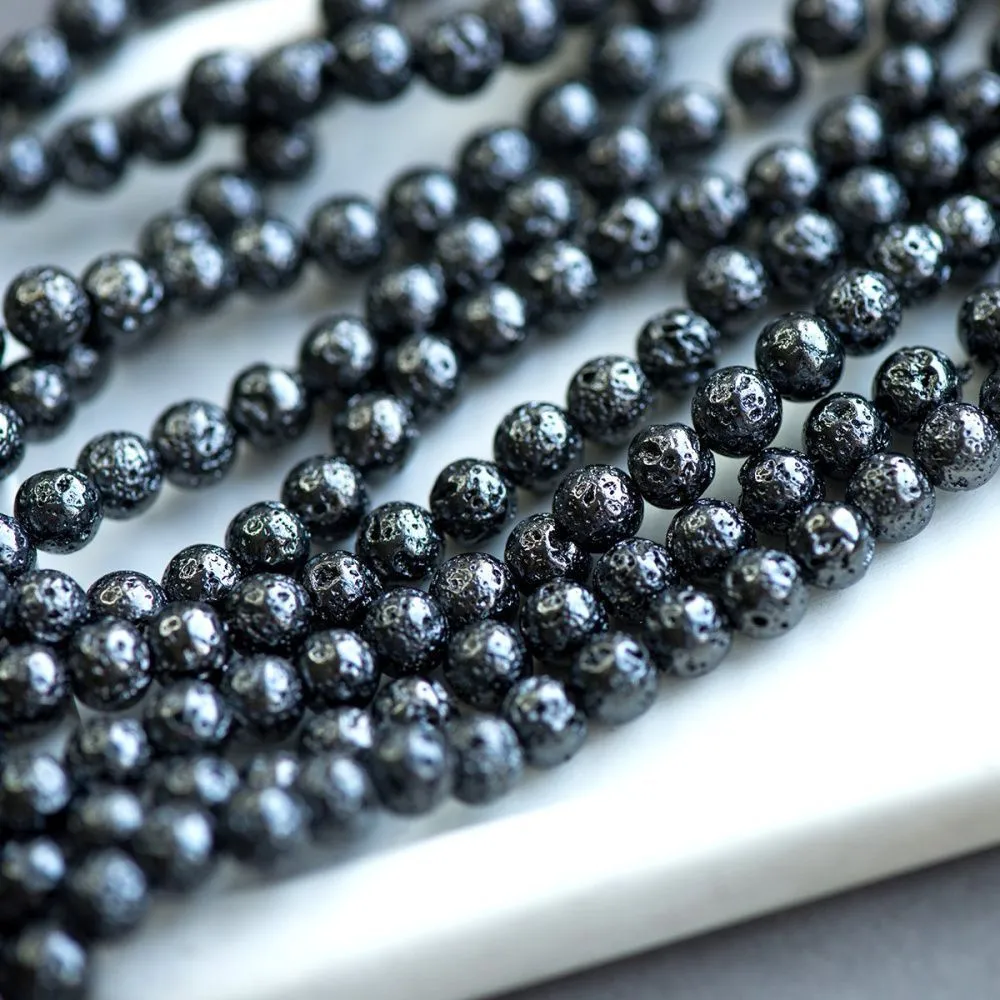 бусина лава натуральная 6, цвет черный металлик, 6 мм