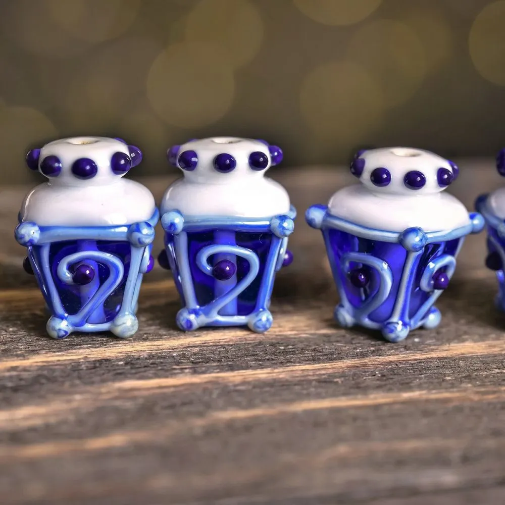 бусина, мурано "фонарик", витраж синий, 16х12 мм