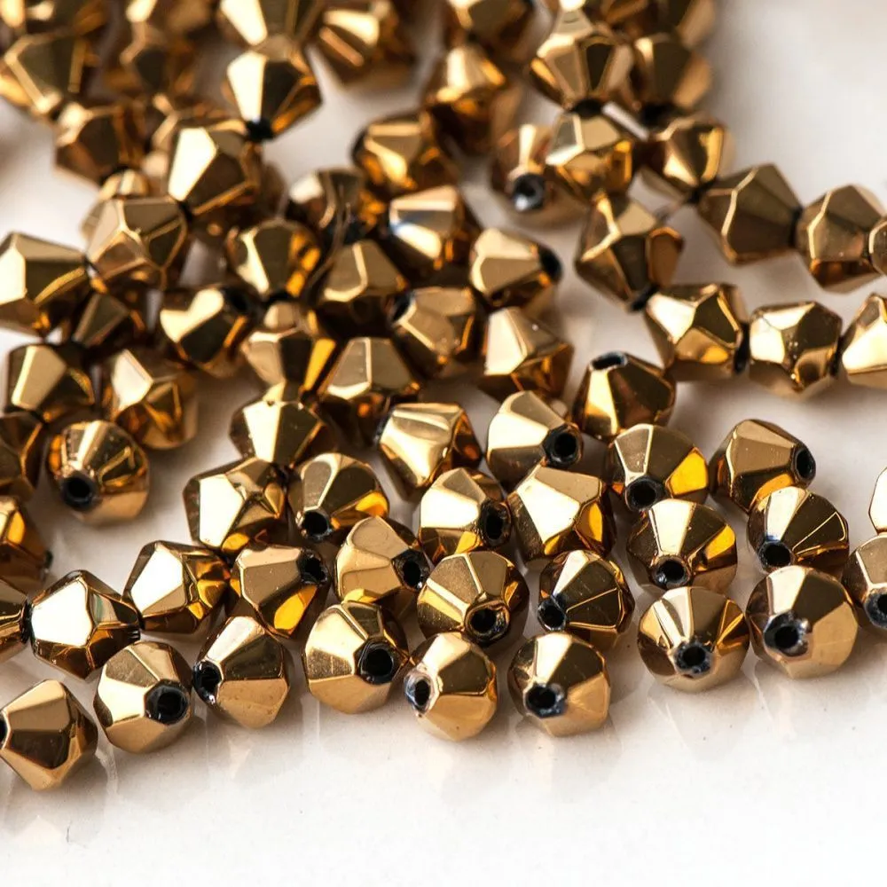бусина, стекло биконус 6, цвет золотой, 6 мм