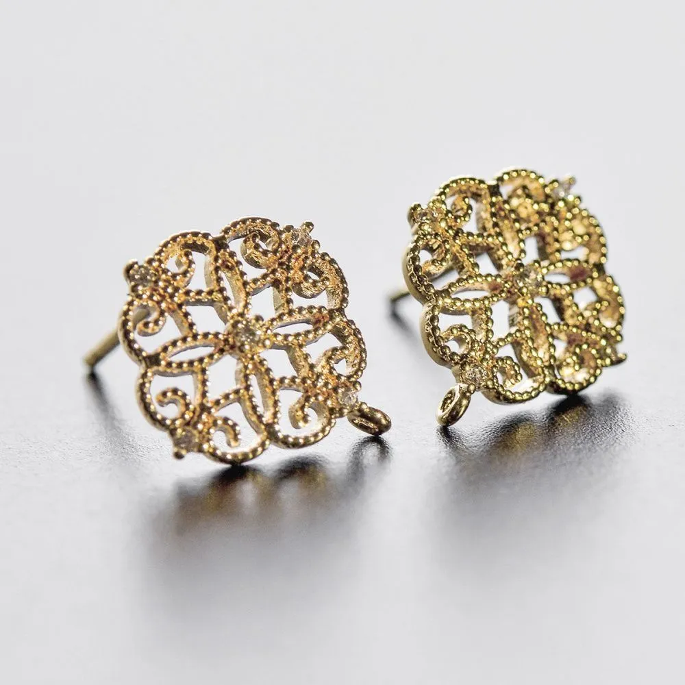 пуссеты "виньет", с цирконием, позолоченные, 13x12 мм 