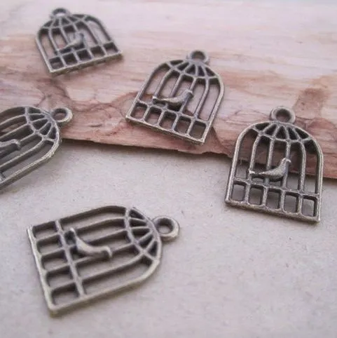 подвеска металлическая "птичка в клетке", цвет античная бронза, 34х5х5 мм