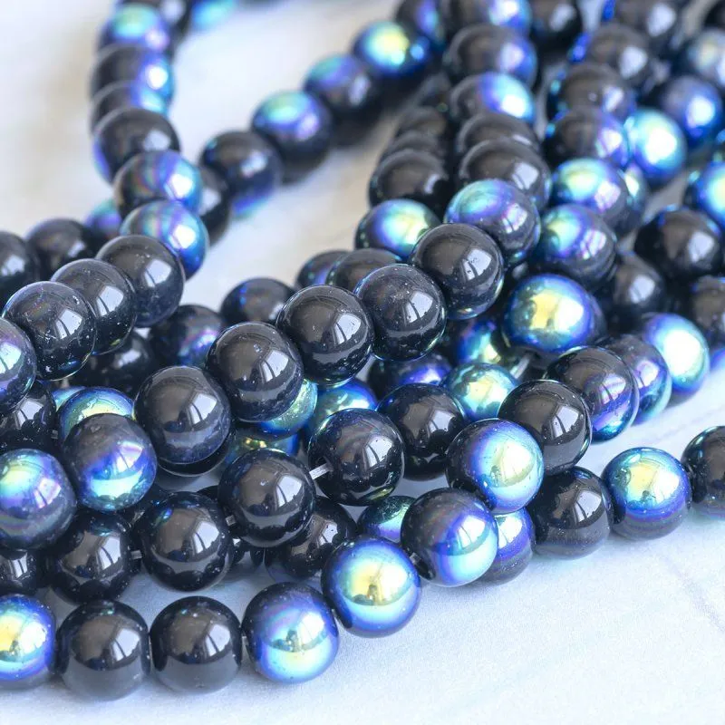 бусина, стекло 8, цвет черный радужный, 8 мм