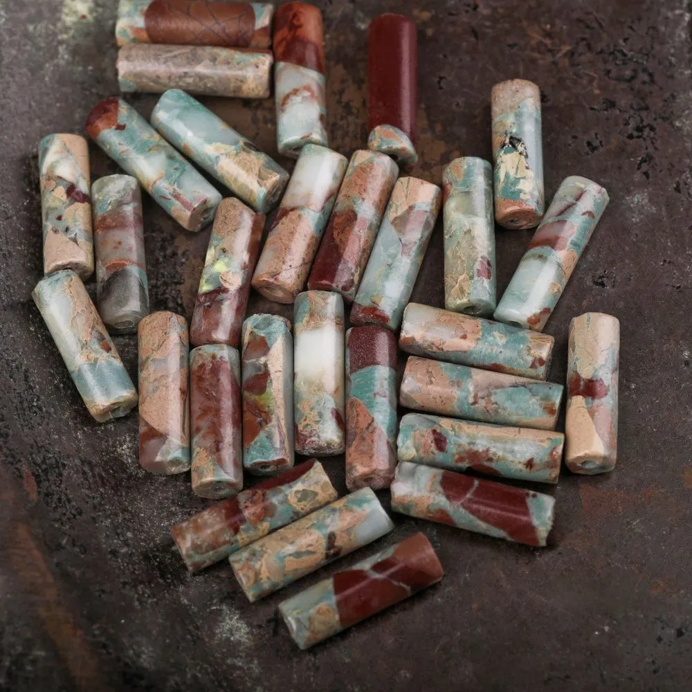 бусина им.океанической яшмы, колонна, цвет сине-зеленый/коричневый, 13-14x4.5 мм (стренд 6 шт.)