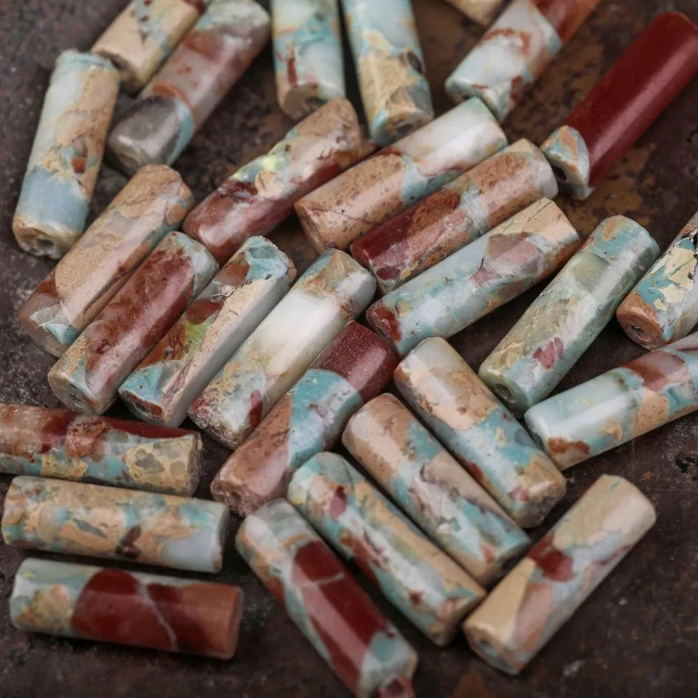 бусина им.океанической яшмы, колонна, цвет сине-зеленый/коричневый, 13-14x4.5 мм (стренд 6 шт.)