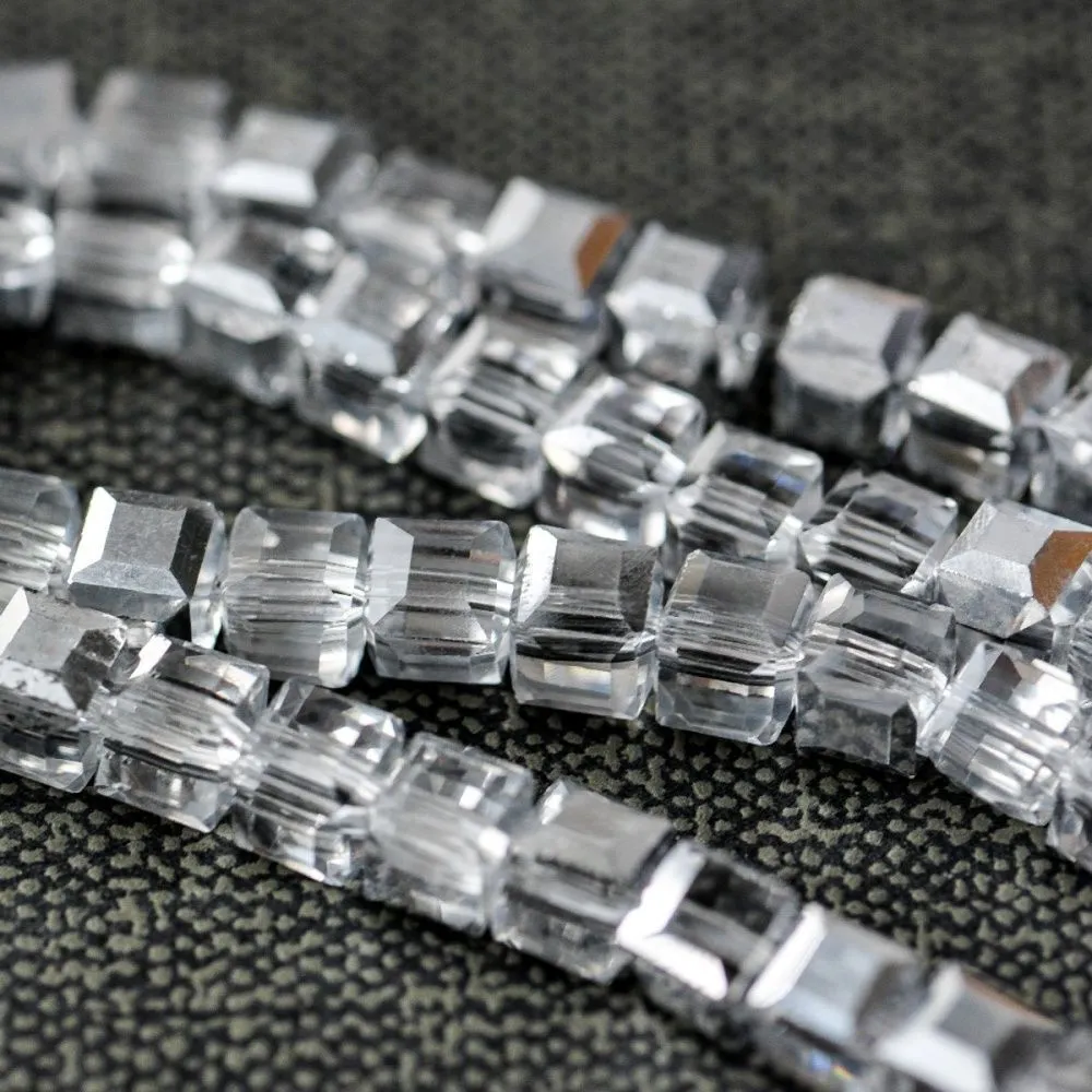 бусина, стекло "куб" 7, цвет прозрачный/серебряный, 7х7 мм