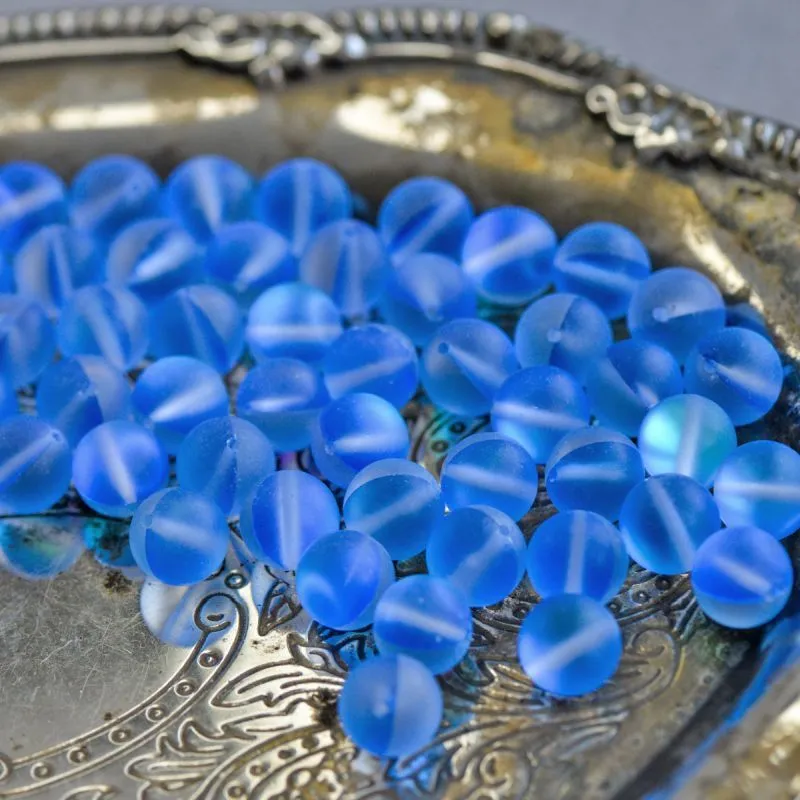 бусина, стекло "лунный камень", цвет синий, 10 мм