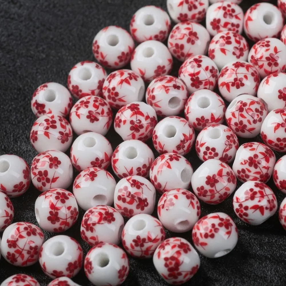 бусина, керамика "сакура", цвет бело-красный, 8 мм