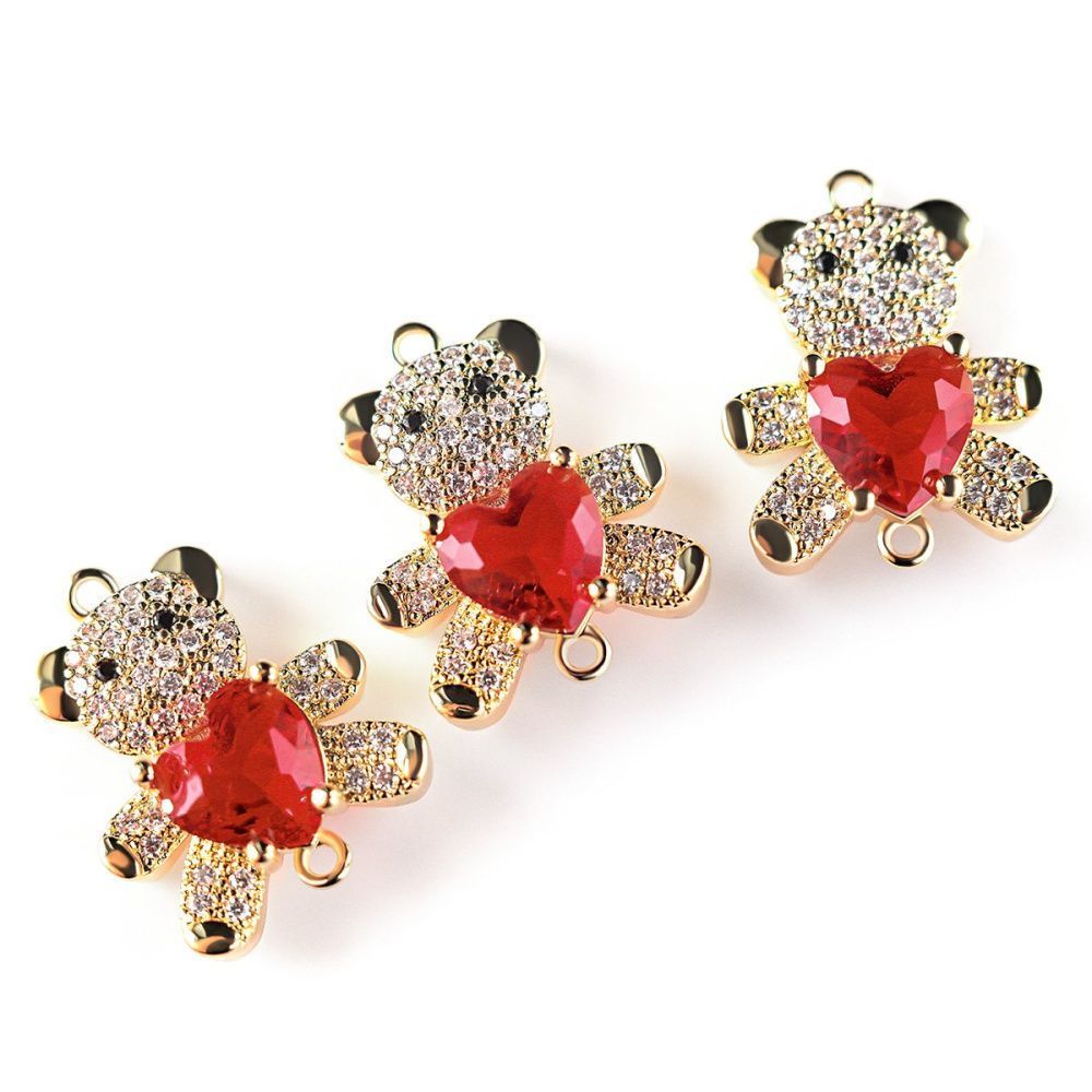 коннектор "мишутка", позолота/циркон красный, 20x16x7 мм