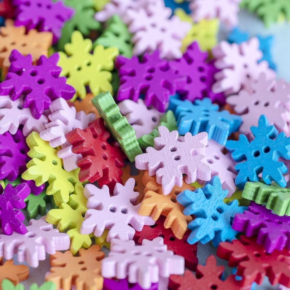 бусина-пуговица "снежинка", дерево, цветовой микс,  18x18x4 мм