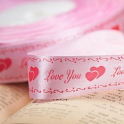 Лента, атлас "Love you", цвет розовый, ширина 25 мм